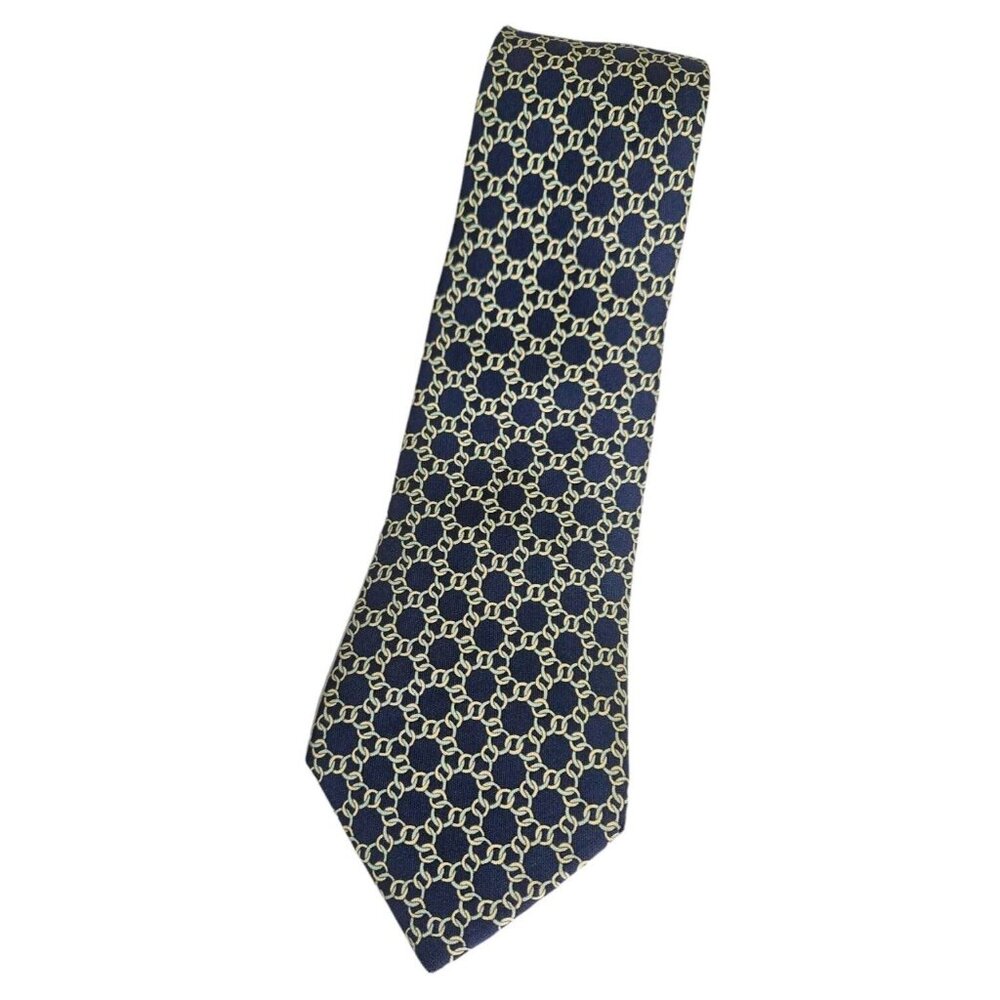 HERMÈS Men's 100% Silk Necktie LUXURY Tie 7422 HA Blue Chain W:3.6" EUC